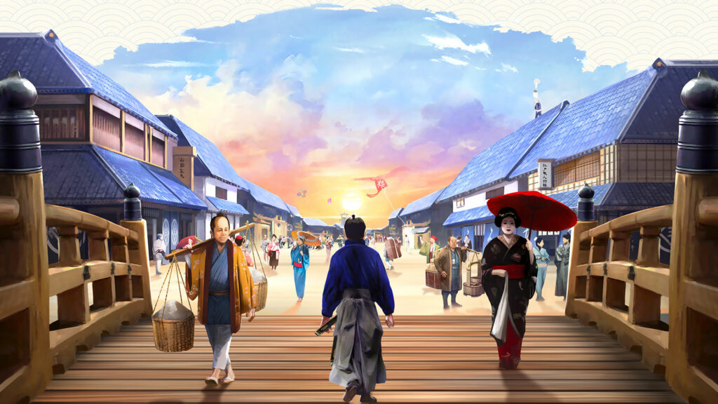 Le long de la grande rue de Nihonbashi, de nombreux commerçants aux activités variées installent leurs étals et attirent une foule de clients.